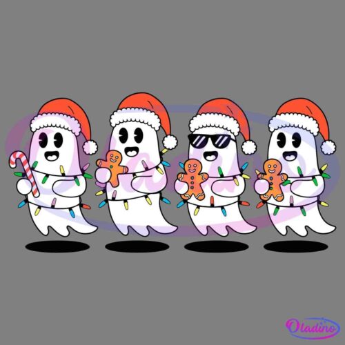 Four cartoon ghosts wearing Santa hats are lined up against a black background. Each ghost is wrapped in colorful holiday lights and is holding a gingerbread man. One ghost is wearing sunglasses and another is holding a candy cane.