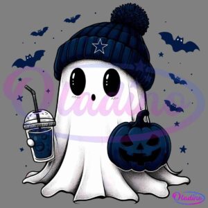 A cute cartoon ghost wearing a navy blue beanie with a star on it, holding a drink with a straw in one hand and a dark blue pumpkin-shaped bucket in the other. Bats fly in the background, adding a spooky Halloween feel to the scene.