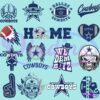 A collection of various Dallas Cowboys-themed designs and logos, including stars, footballs, a helmet, the word "HOME," a foam finger, and phrases such as "WE DEM BOYZ" and "Cowboys." The designs are in shades of blue and white on a black background.