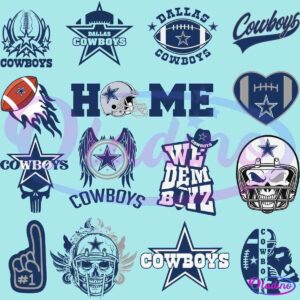 A collection of various Dallas Cowboys-themed designs and logos, including stars, footballs, a helmet, the word "HOME," a foam finger, and phrases such as "WE DEM BOYZ" and "Cowboys." The designs are in shades of blue and white on a black background.