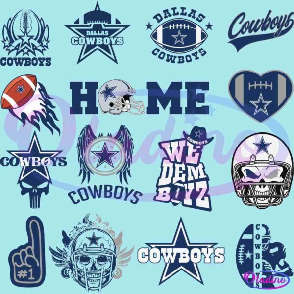 A collection of various Dallas Cowboys-themed designs and logos, including stars, footballs, a helmet, the word "HOME," a foam finger, and phrases such as "WE DEM BOYZ" and "Cowboys." The designs are in shades of blue and white on a black background.