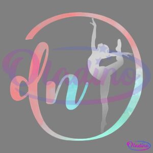 A stylized logo featuring lowercase cursive letters "d" and "n" in a gradient of pink and blue. The letters are enclosed in a circle, with a silhouette of a dancer performing a leg lift seamlessly integrated into the design. The background is black.