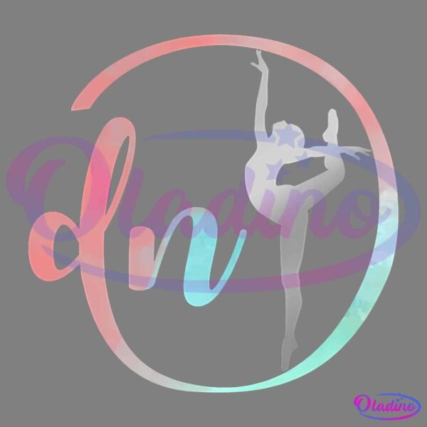 A stylized logo featuring lowercase cursive letters "d" and "n" in a gradient of pink and blue. The letters are enclosed in a circle, with a silhouette of a dancer performing a leg lift seamlessly integrated into the design. The background is black.