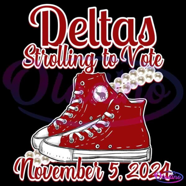 Illustration of red high-top sneakers and a string of pearls with text reading "Deltas Strolling to Vote, November 5, 2024". The background is solid black, and the text is in white and red with a shadow effect.