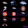 A collection of various Denver Broncos logos and symbols arranged in a grid. The designs include the bronco horse head in different styles and colors, a football helmet, circular emblems, and a graphic that reads "This Guy Loves His Broncos" with pointing hands.