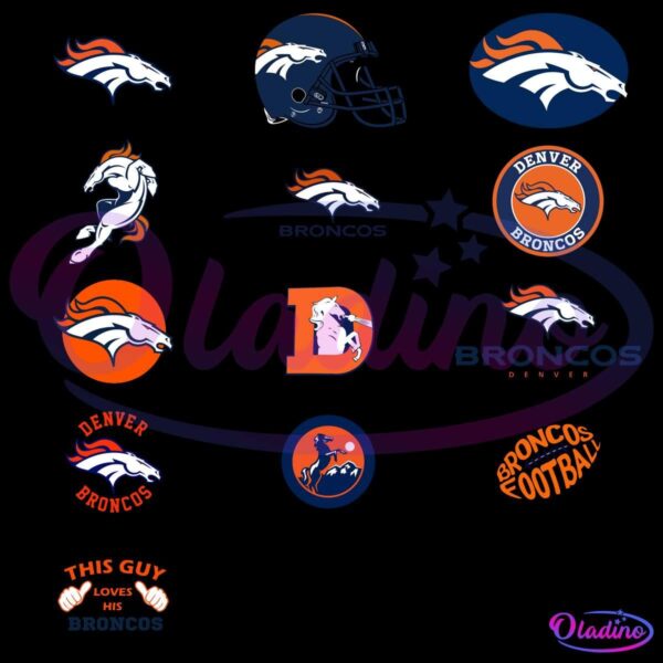 A collection of various Denver Broncos logos and symbols arranged in a grid. The designs include the bronco horse head in different styles and colors, a football helmet, circular emblems, and a graphic that reads "This Guy Loves His Broncos" with pointing hands.