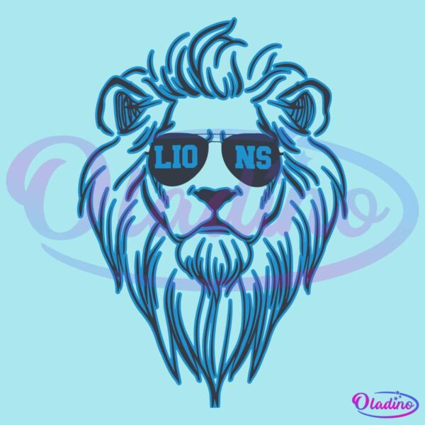 Line drawing of a lion's head in blue, wearing sunglasses with the word "LIONS" on the lenses. The lion's mane is stylized with curved lines. The background is black.