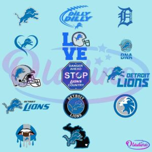 A collage of logos and designs for a Detroit-based American football team. Includes the team's mascot, a lion, depicted in various styles and surrounded by phrases like "Dilly Dilly," "LOVE," "ONE PRIDE," "LIONS," and "Detroit Lions.