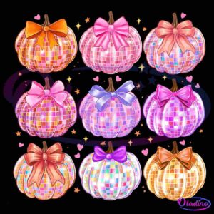 A grid of nine disco ball pumpkins, each adorned with a colorful ribbon. The pumpkins vary in hues of orange, pink, purple, and blue. Small stars and heart symbols are scattered around on a black background.