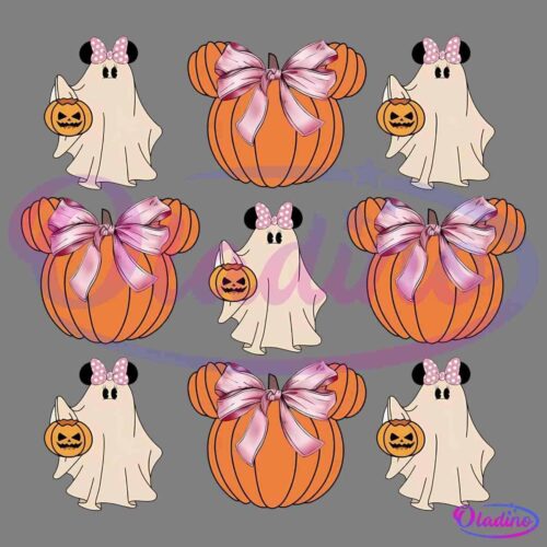 A pattern featuring cute ghosts with pink polka-dot bows holding jack-o'-lanterns, alternated with pumpkins adorned with pink bows on a black background. The design repeats in a grid, with three rows and three columns.