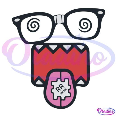 A stylized graphic of a face with spiral glasses, a wide open mouth with sharp teeth, and a pink tongue sticking out holding a gear labeled "PR Online." The design is colorful and cartoonish with a quirky, playful tone.