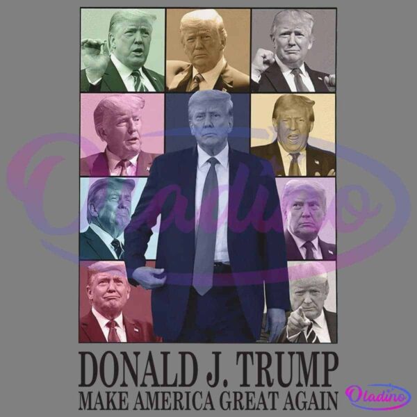 A collage of ten smaller images of Donald Trump above a central larger image of him in a suit and tie, looking forward. The smaller images show Trump in various expressions and gestures. Text at the bottom reads "DONALD J. TRUMP MAKE AMERICA GREAT AGAIN.