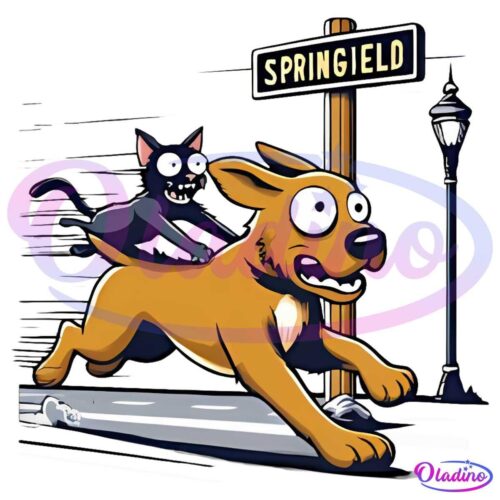 A cartoon-style image shows a black cat riding on the back of a running brown dog, both with wide-eyed expressions. They are passing a sign that says "SPRINGFIELD" and approaching a streetlamp, all set against a simple backdrop.