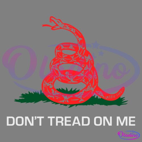 An image of a coiled red snake with its tongue out, positioned on a patch of green grass, set against a black background. Below the snake, the text "DON'T TREAD ON ME" is written in bold white letters.