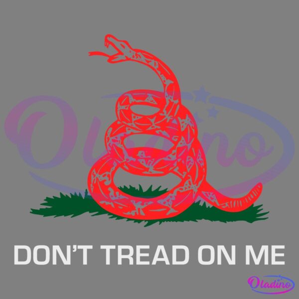 An image of a coiled red snake with its tongue out, positioned on a patch of green grass, set against a black background. Below the snake, the text "DON'T TREAD ON ME" is written in bold white letters.