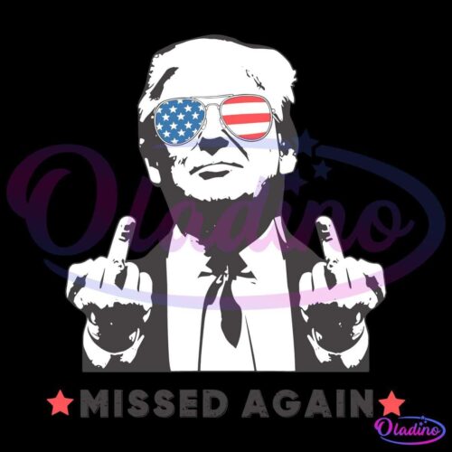 An illustration of a person in a suit and tie wearing sunglasses with the American flag pattern. The individual is showing two middle fingers, and below them, text reads "MISSED AGAIN" with red stars on either side.