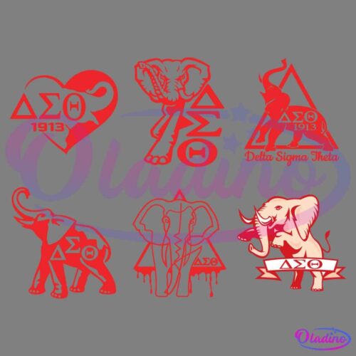 A collage of six red and black logos featuring elephants and Greek letters for Delta Sigma Theta Sorority. Each design combines symbols like hearts, triangles, and dripping elements alongside the sorority's initials and founding year, 1913.