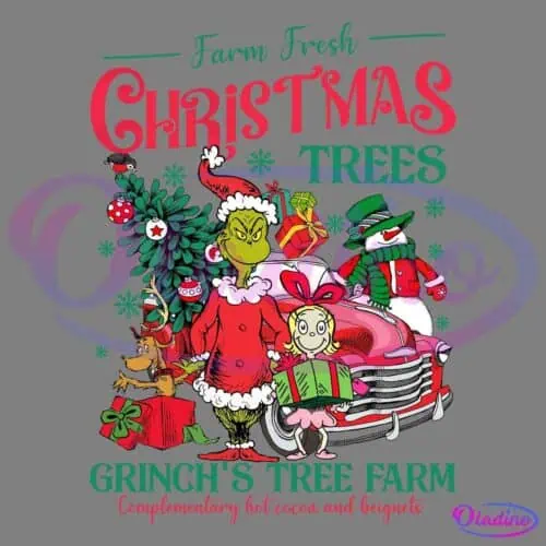 Colorful illustration with the Grinch dressed as Santa Claus, surrounded by holiday elements and characters, standing by a red car with Christmas gifts. Text reads "Farm Fresh Christmas Trees, Grinch's Tree Farm, Complimentary hot cocoa and beignets.