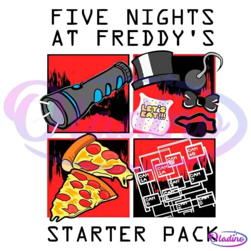 An illustration featuring various "Five Nights at Freddy's" game elements: a flashlight, a top hat, a microphone, a bib reading "Let's Eat!!!", a pair of sunglasses, pizza slices, and a screen showing different security camera feeds. The background is red and black.