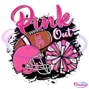 Illustration featuring a football, a helmet, and pom-poms, all in pink. The football has a pink ribbon symbol, commonly associated with breast cancer awareness. The text "Pink Out" is prominently displayed in bold, pink lettering at the top.