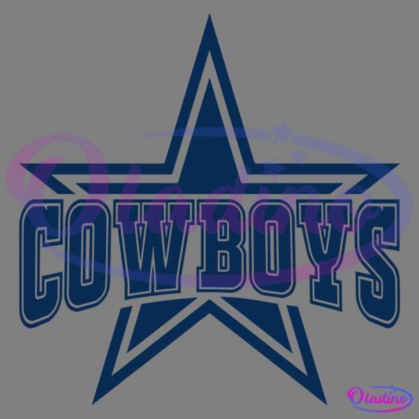 A dark blue outlined star with the word "COWBOYS" written in bold, uppercase letters across its center. The text and star both have a dark blue color with a transparent background.