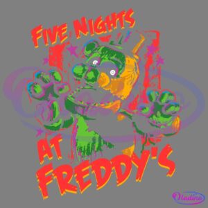 A vibrant, colorful illustration of an animatronic bear from the game "Five Nights at Freddy's" with raised hands, a top hat, and bow tie under glowing stars. The bold, graffiti-style text reads "Five Nights at Freddy's" in shades of red, yellow, and orange.