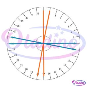 A polar plot with a 24-hour clock-like circular grid. It has four lines: two orange lines extending from 0 to 12 and 18 to 6, and two blue lines extending from 7 to 17 and 24 to 15. The lines intersect near the center of the grid.