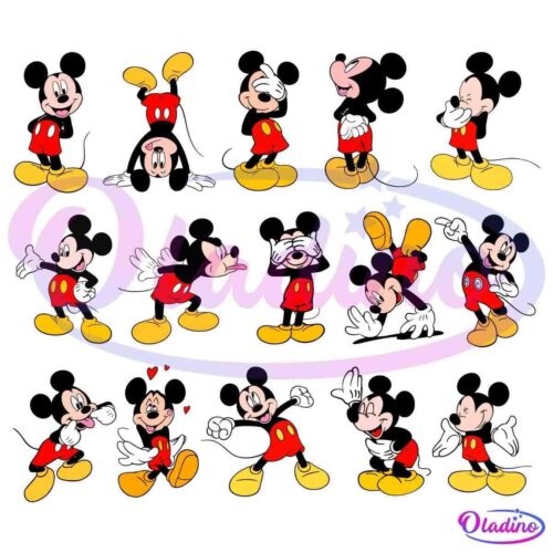 A grid of 16 illustrations features a character known for red shorts and yellow shoes, displaying a variety of emotions and poses. The character expresses joy, surprise, anger, love, and several dynamic actions against a black background.