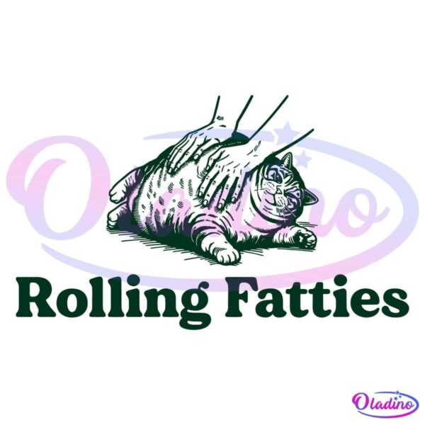 A green illustration of a fat, striped cat lying on its back with its paws raised. The text "Rolling Fatties" is written beneath the cat in bold, green letters.