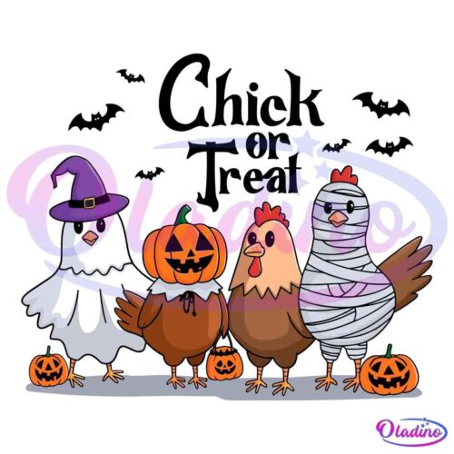 Four cartoon chickens in Halloween costumes stand in a row. From left to right: a chicken dressed as a ghost, a chicken with a jack-o'-lantern head, a chicken with a red comb, and a chicken wrapped like a mummy. Small pumpkins are at their feet.