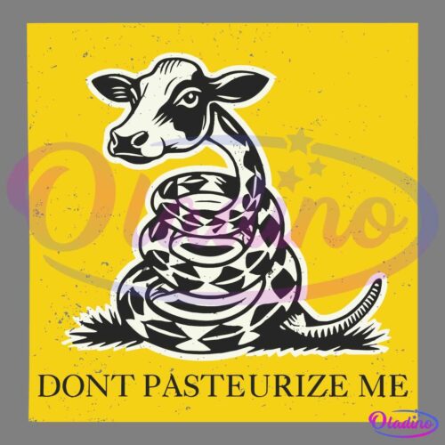 A graphic design featuring a cow with its body resembling a coiled snake against a yellow background. Below the image, text reads "DON'T PASTEURIZE ME." The illustration and message suggest a commentary on pasteurization.