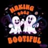 A cute illustration features two ghost-like figures holding grooming tools; one has a comb, and the other has scissors. The words "Making Dogs Bootiful" are playfully displayed in bold, orange letters surrounded by flowers and bats.
