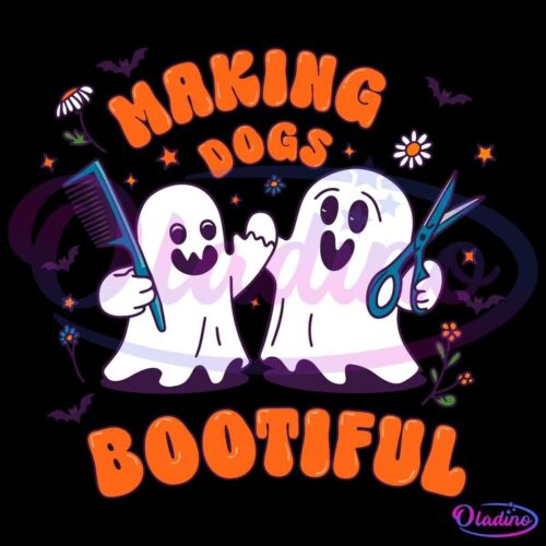 A cute illustration features two ghost-like figures holding grooming tools; one has a comb, and the other has scissors. The words "Making Dogs Bootiful" are playfully displayed in bold, orange letters surrounded by flowers and bats.