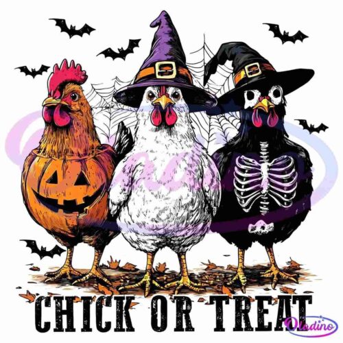 Three chickens dressed in Halloween costumes stand side by side. The first wears a pumpkin suit, the second a purple witch hat, and the third a black skeleton costume. Above them, "Chick or Treat" is written in bold letters amidst flying bats and spider webs in the background.