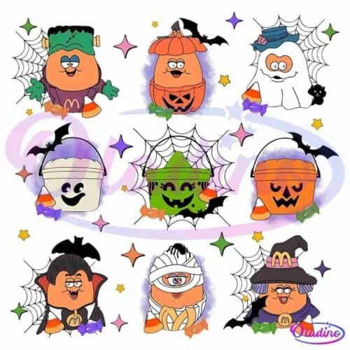 A grid of nine McDonald's Happy Meal characters dressed in Halloween costumes, including Frankenstein's monster, pumpkin, ghost, mummy, witch, dracula, and others. Each character holds candy and is set against a starry, spooky background.