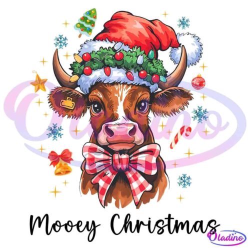 Illustration of a cute brown cow wearing a Santa hat adorned with holly leaves and berries. The cow also has a large red and white plaid bow. Surrounding the cow are festive holiday elements like snowflakes, stars, a Christmas tree, ornaments, and a candy cane.