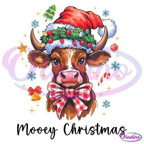 Illustration of a cute brown cow wearing a Santa hat adorned with holly leaves and berries. The cow also has a large red and white plaid bow. Surrounding the cow are festive holiday elements like snowflakes, stars, a Christmas tree, ornaments, and a candy cane.