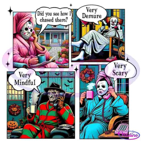 Comic-style image with four panels. Each has a horror movie character in a cozy setting. They are labeled "Very Scary," "Very Mindful," "Very Demure," and "Did you see how I chased them?" Each character wears a mask and is in a peaceful home scenario.