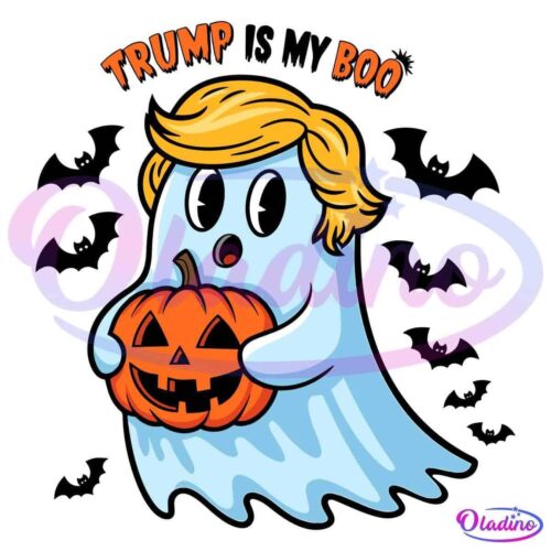 A cartoon ghost with styled blonde hair resembling a particular public figure is holding a carved jack-o'-lantern. The ghost's mouth forms an 'O' shape, and the words "TRUMP BOO" appear above its head in orange, spooky-themed text.