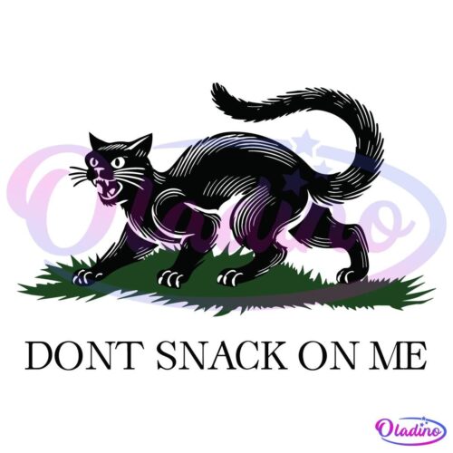 Illustration of a black panther with an arched back, standing on a patch of green grass, accompanied by the words "DON'T SNACK ON ME" below the image.