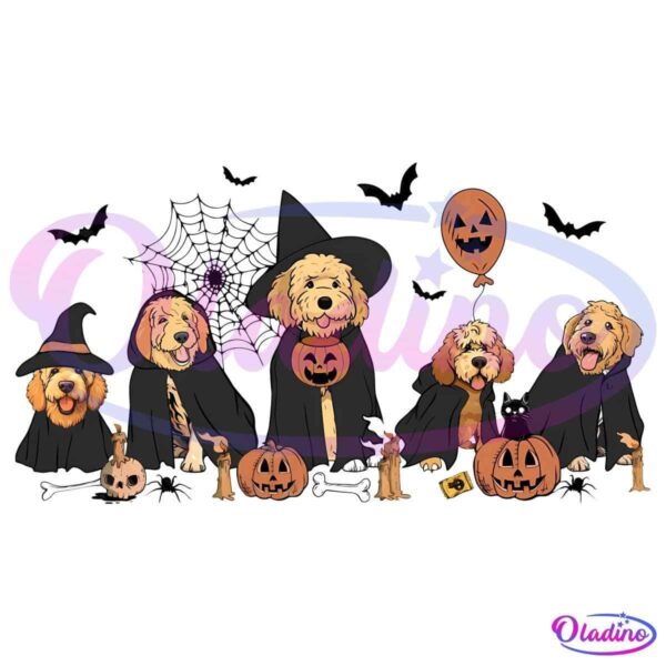 Five illustrated dogs dressed in black wizard and witch costumes sit among Halloween decorations, including carved pumpkins, a skeleton dog, bones, a black cat, and a balloon. Bats and a spider web are in the background.