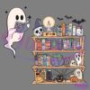 Illustration of a ghost reading a book labeled "Book of Spells" next to a wooden bookshelf filled with various books, a lit candle, a witch's hat, ghosts, skulls, bats, a potion bottle, and Halloween decorations, including a jack-o'-lantern and cobwebs.