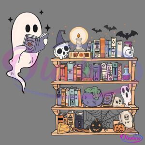 Illustration of a ghost reading a book labeled "Book of Spells" next to a wooden bookshelf filled with various books, a lit candle, a witch's hat, ghosts, skulls, bats, a potion bottle, and Halloween decorations, including a jack-o'-lantern and cobwebs.