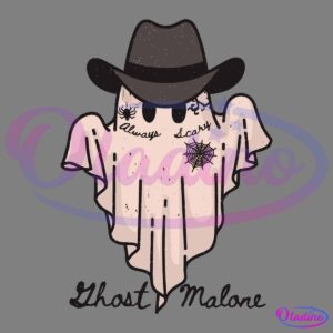 Illustration of a ghost wearing a black cowboy hat and sunglasses. The ghost has tattoos including a spider, web, and the words "Always" and "Scary" on its sheet. The text "Ghost Malone" is written at the bottom. The overall design has a playful and whimsical vibe.