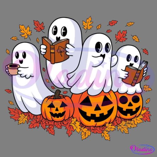 Four adorable ghosts are depicted enjoying fall activities. Two hold pumpkin-themed books while another drifts with a cup of coffee. They hover over carved jack-o'-lanterns surrounded by colorful autumn leaves, creating a festive Halloween scene.