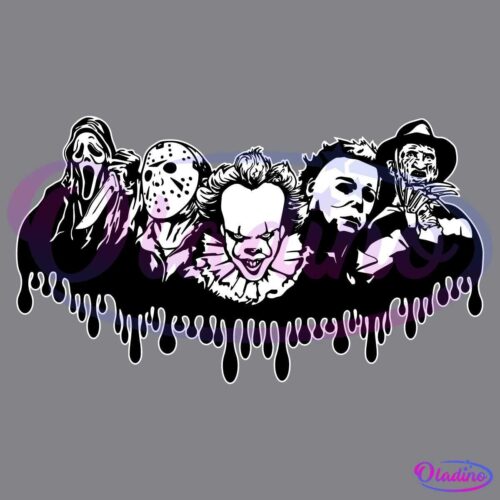 Black and white illustration featuring five iconic horror movie villains: Ghostface, Jason Voorhees, Pennywise the Clown, Michael Myers, and Freddy Krueger. Dripping, goo-like designs hang from their images against a black background.