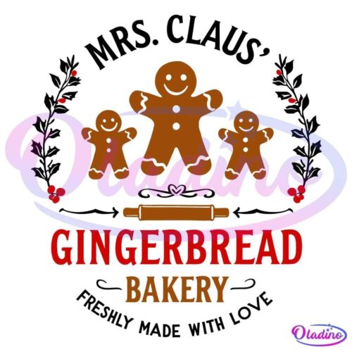 Logo for Mrs. Claus' Gingerbread Bakery featuring three gingerbread cookies (a large one in the center and two smaller ones on the sides), a rolling pin, red berries, and text that reads "Freshly Made with Love.