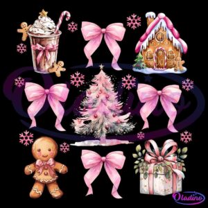 A festive collage featuring a gingerbread house, a whipped cream drink with candy canes, pink bows, a decorated Christmas tree, snowflakes, a gingerbread person, and a gift with a pink ribbon, all set against a black background.