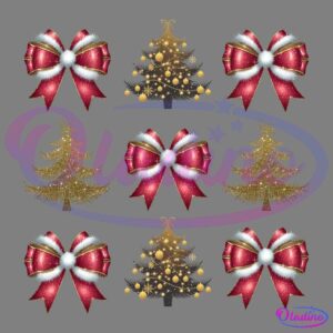 A festive pattern consisting of alternating rows of golden Christmas trees adorned with ornaments and red bows with white fur trim against a black background.