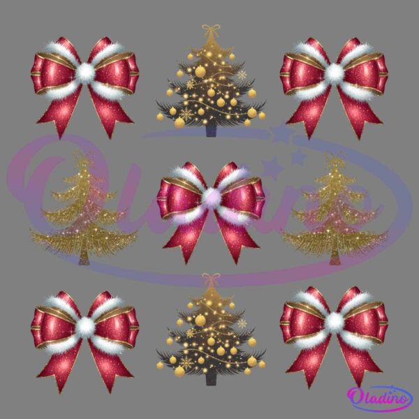 A festive pattern consisting of alternating rows of golden Christmas trees adorned with ornaments and red bows with white fur trim against a black background.